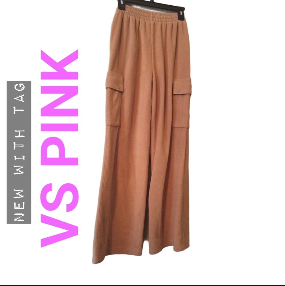 NWT Tan Camel Cargo Recycled Fleece Wide-Leg Pants XS, PINK Victoria's Secret